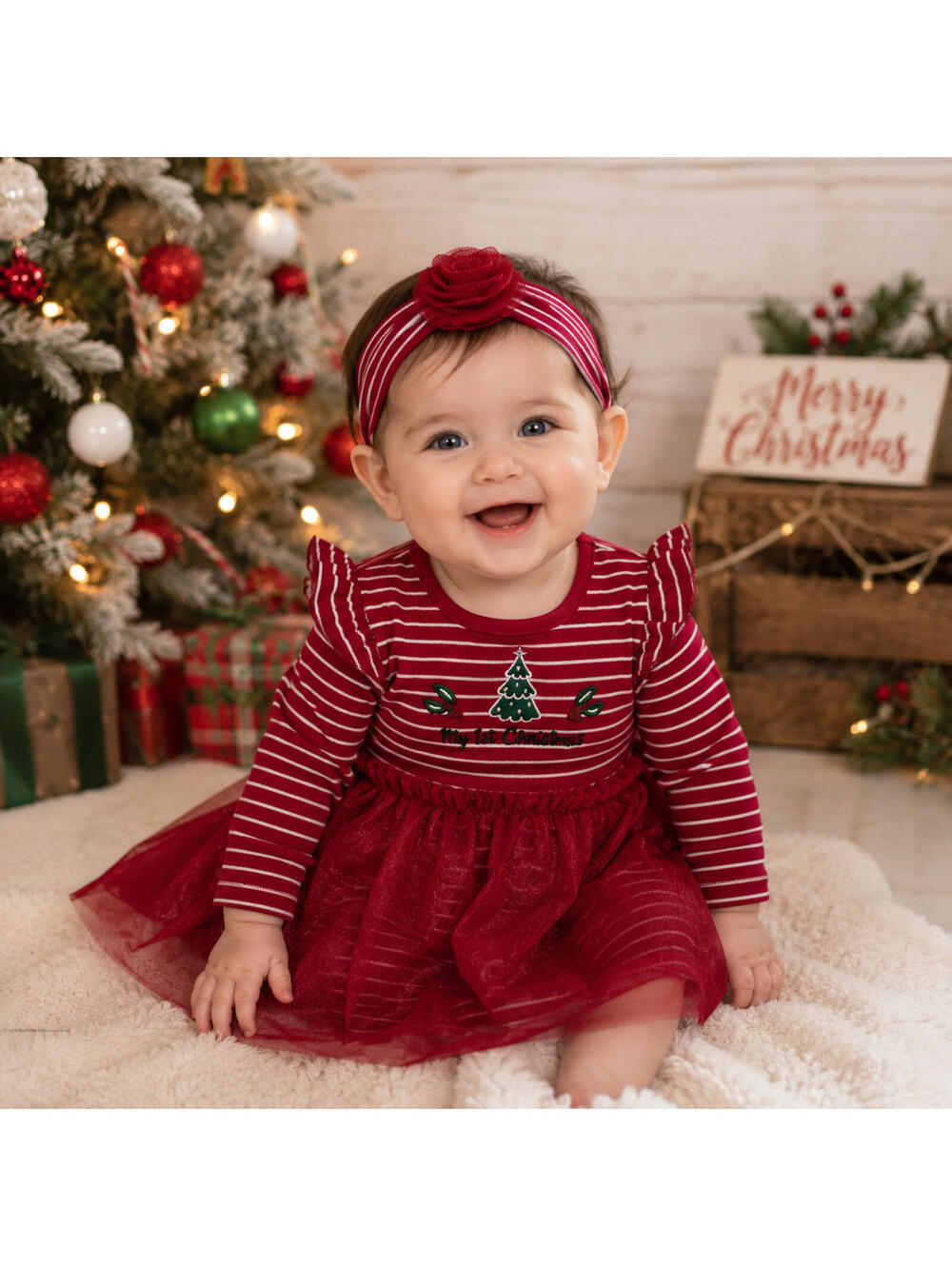 Little Me Baby Girls 2pc "My 1st Christmas" Holly Tree Bodysuit Headband 6 Mths